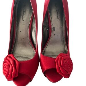 NWOT Red Peep-Toe Heels with Floral Accent